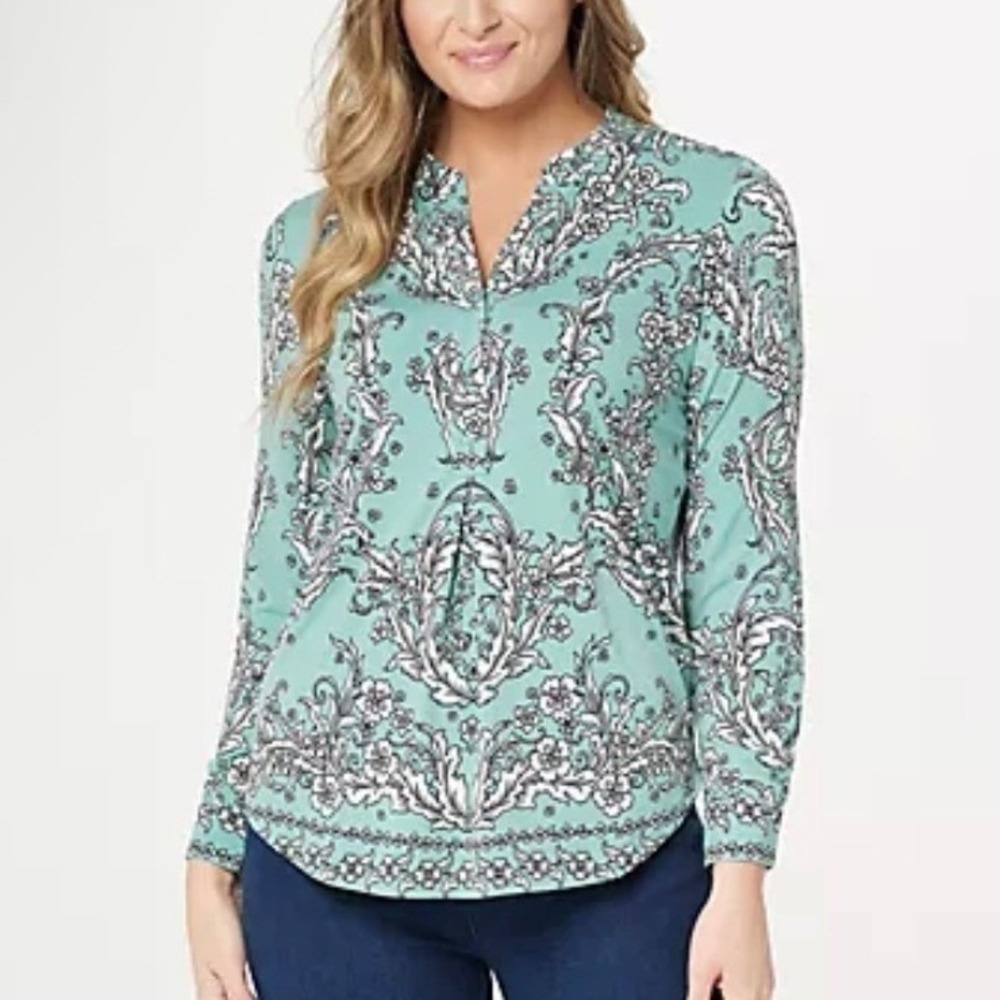 Belle by Kim Gravel Floral Print Blouse Womens Medium Top Aqua Mint Spring